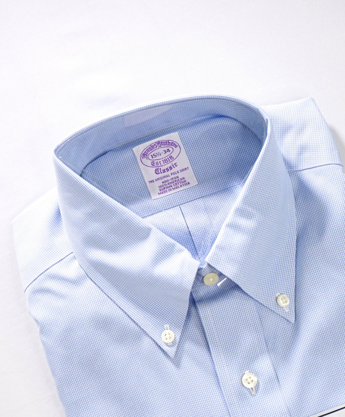 $128 BROOKS BROTHERS - Blue Micro Houndstooth NON-IRON "Classic" Shirt - 15.5 - 34