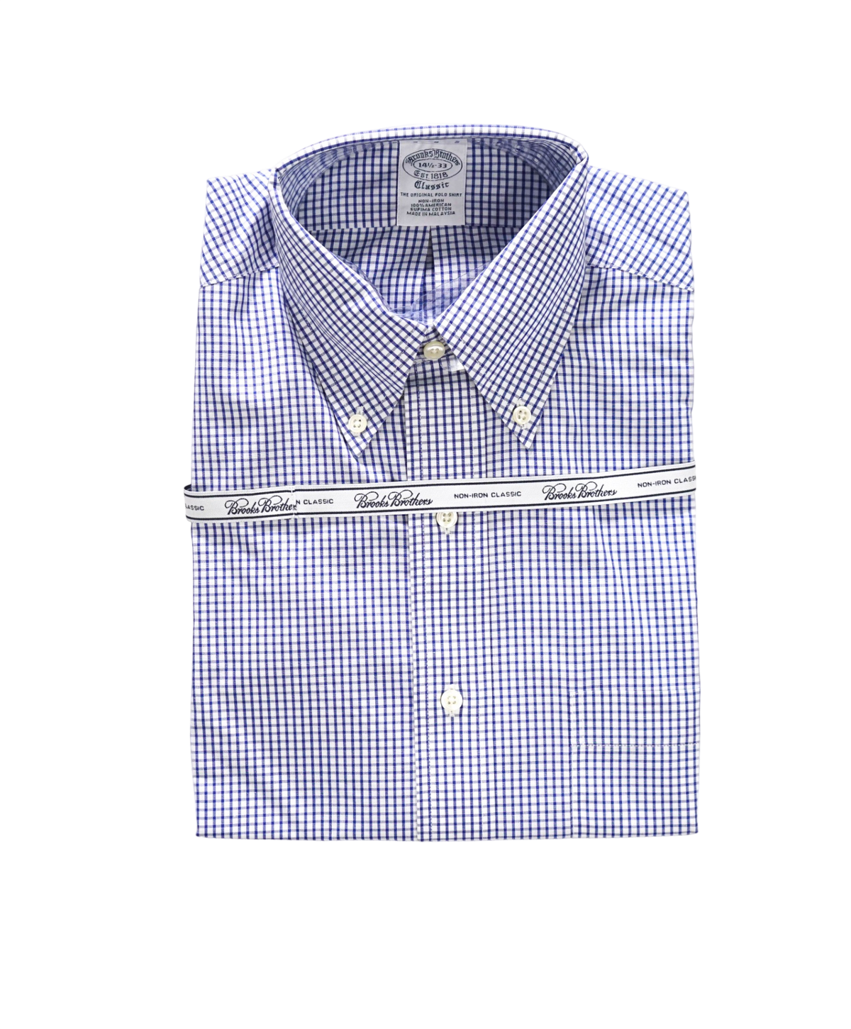 $128 BROOKS BROTHERS - Blue Gingham NON-IRON "Classic" Shirt - 14.5 - 33