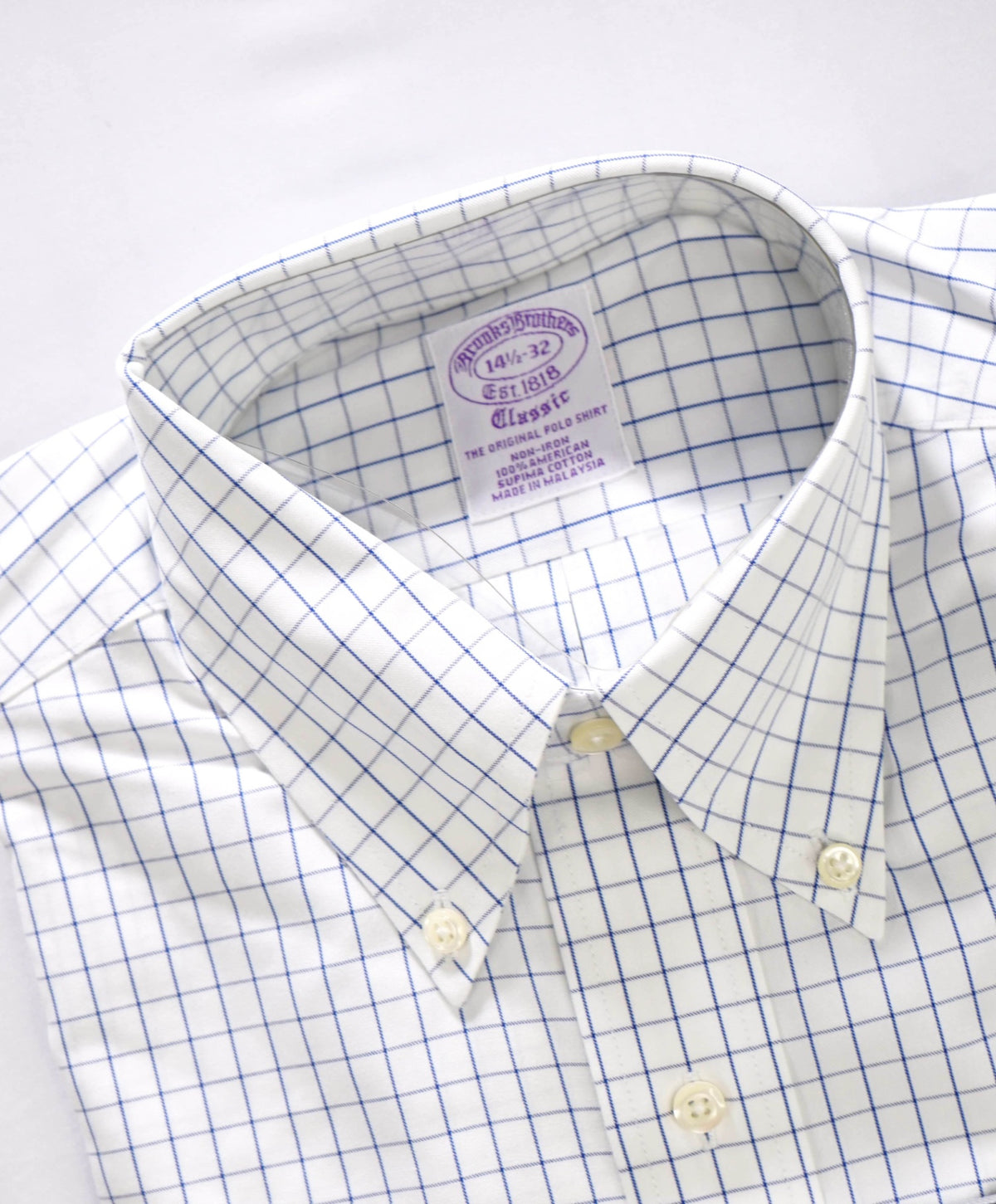 $128 BROOKS BROTHERS - Blue Check NON-IRON "Classic" Shirt - 14.5 - 32