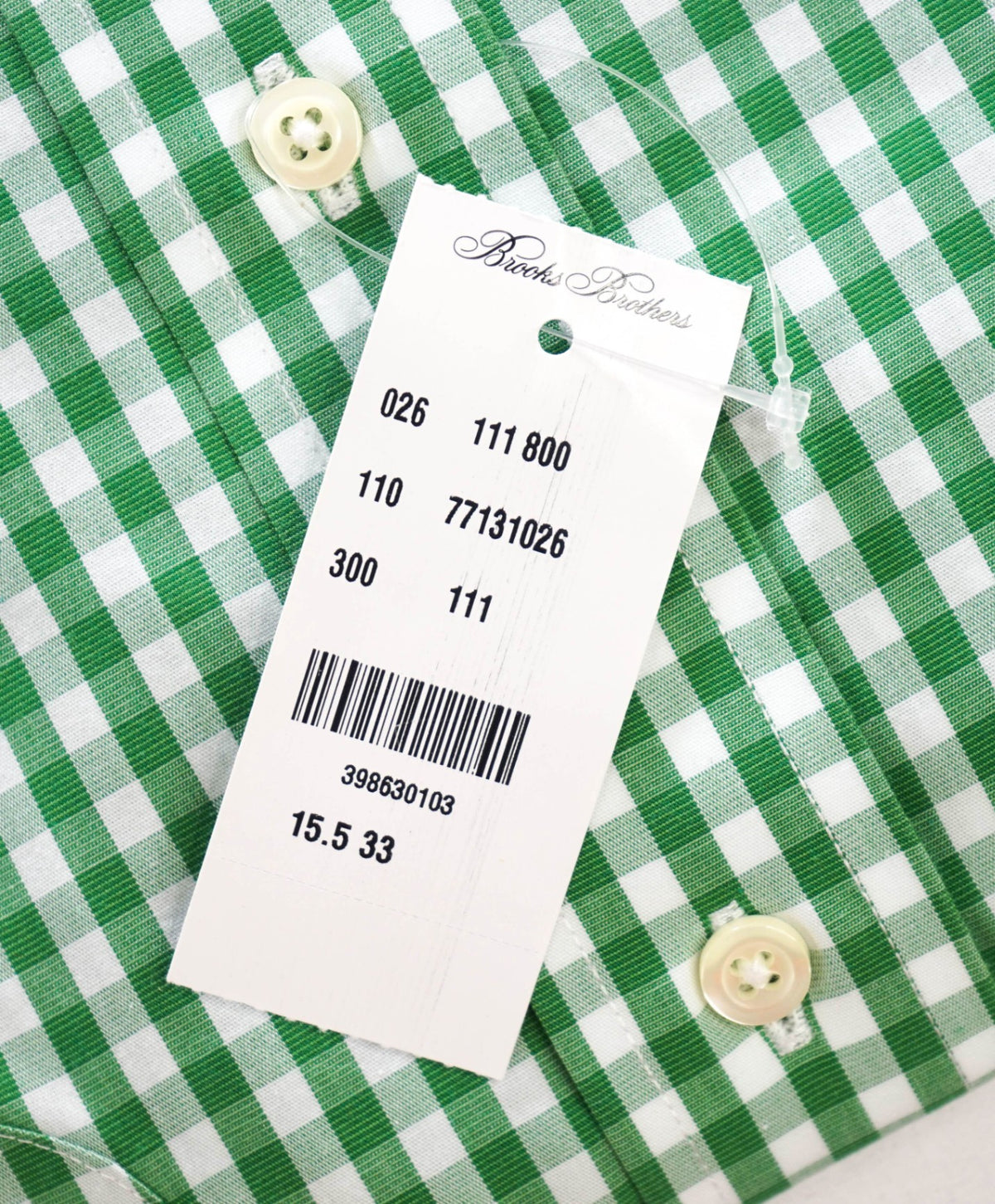 $128 BROOKS BROTHERS - Green Gingham NON-IRON "Classic" Shirt - 15.5 - 33