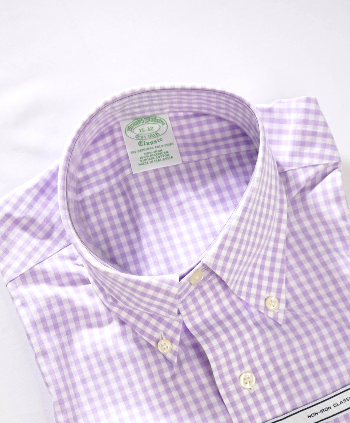 $128 BROOKS BROTHERS - Purple Gingham NON-IRON "Classic" Shirt - 15 - 32
