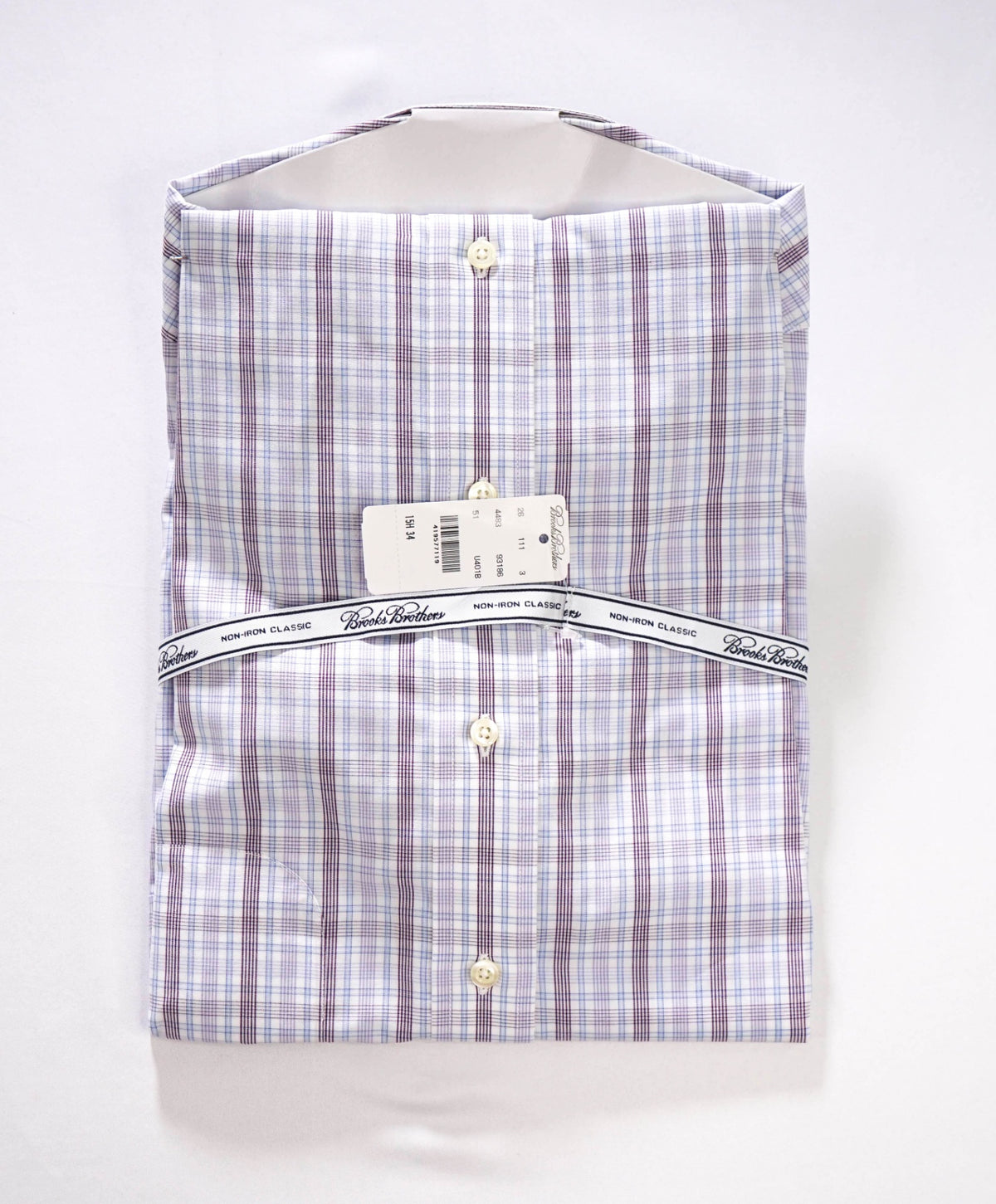 $128 BROOKS BROTHERS - Purple/Blue Plaid NON-IRON "Classic" Shirt - 15.5 - 34
