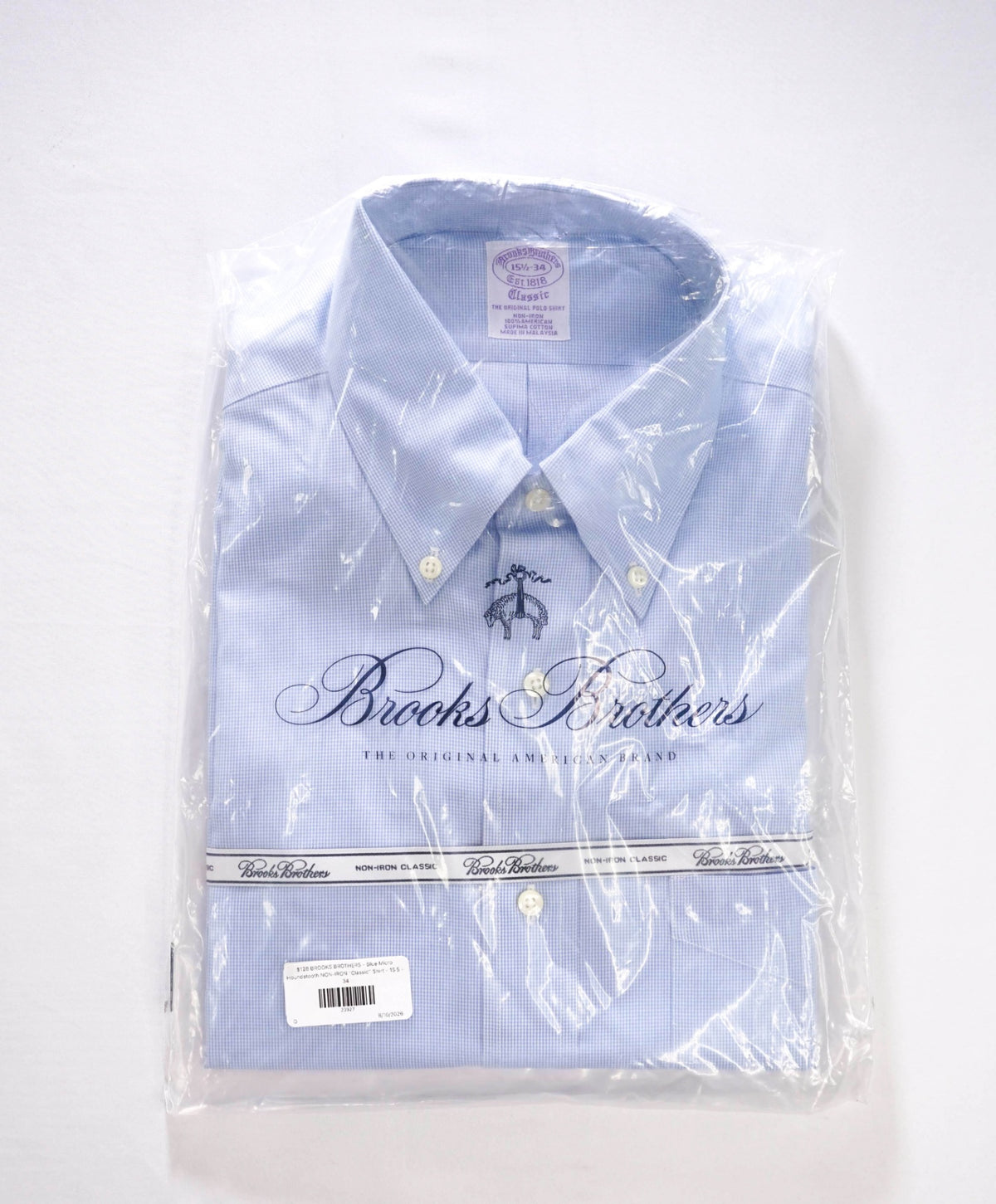 $128 BROOKS BROTHERS - Blue Micro Houndstooth NON-IRON "Classic" Shirt - 15.5 - 34