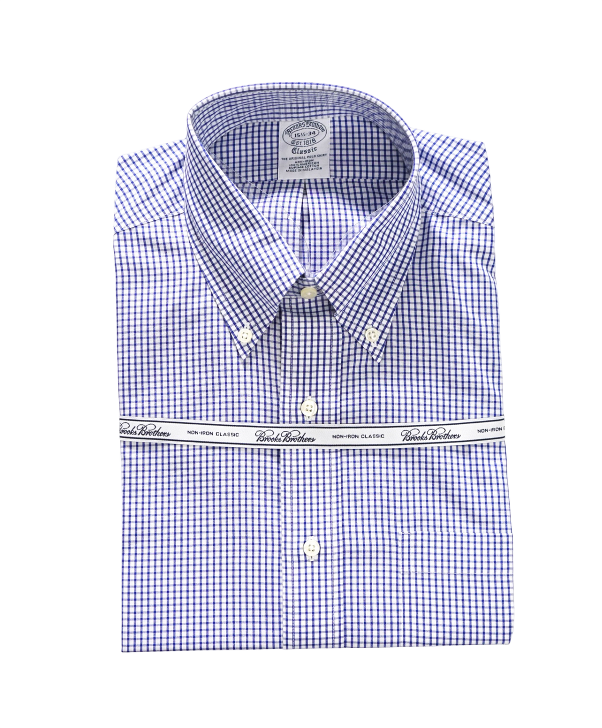 $128 BROOKS BROTHERS - Blue Gingham NON-IRON "Classic" Shirt - 15.5 - 34