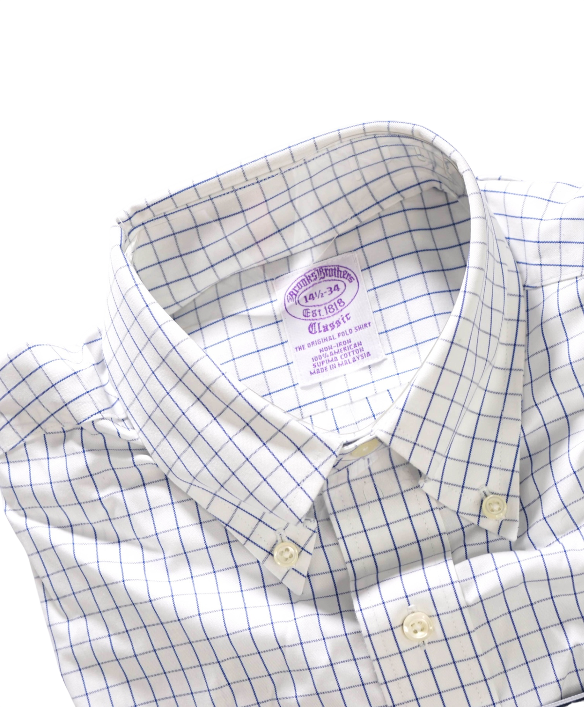$128 BROOKS BROTHERS - Blue Check NON-IRON "Classic" Shirt - 14.5 - 34