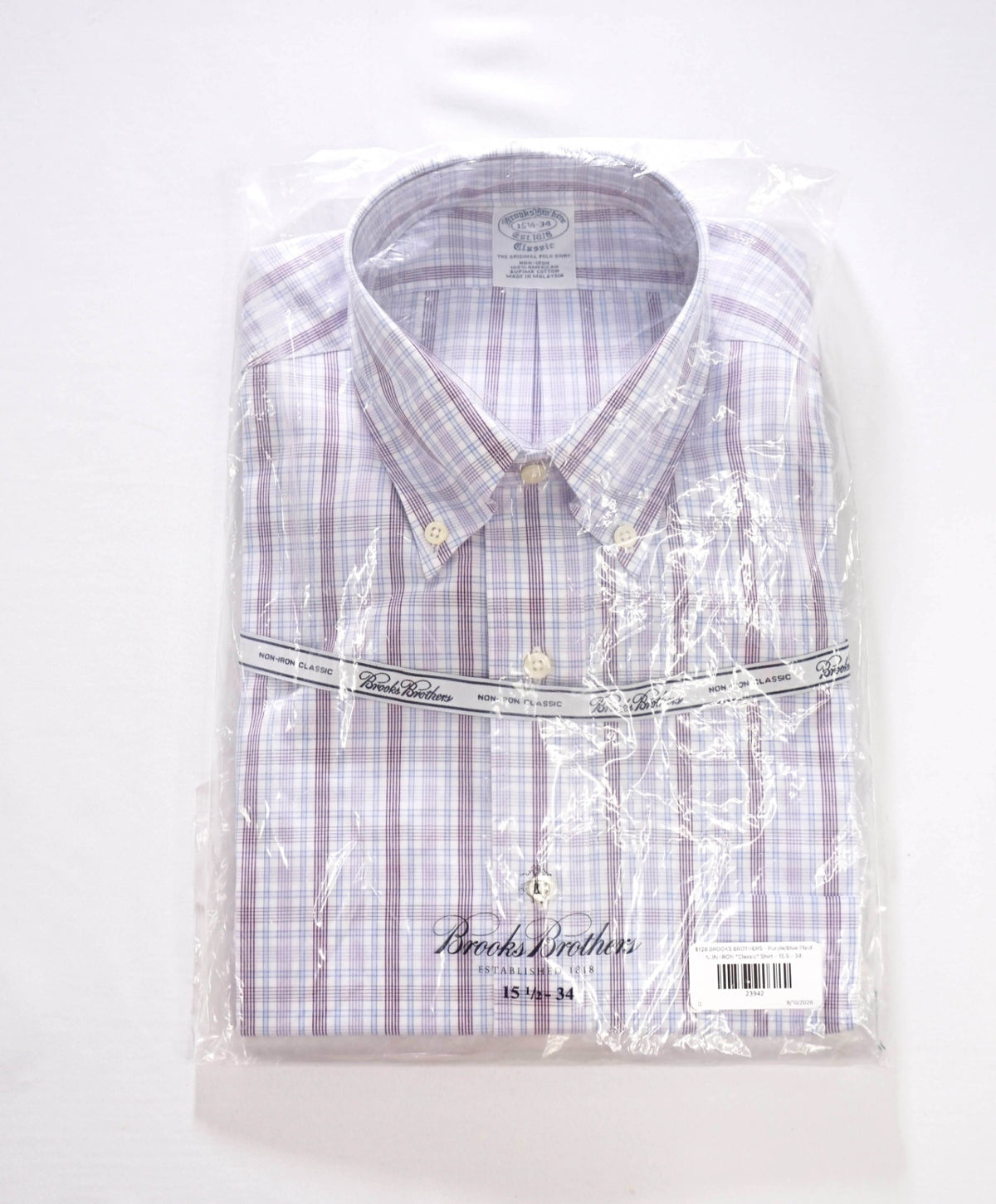 $128 BROOKS BROTHERS - Purple/Blue Plaid NON-IRON "Classic" Shirt - 15.5 - 34