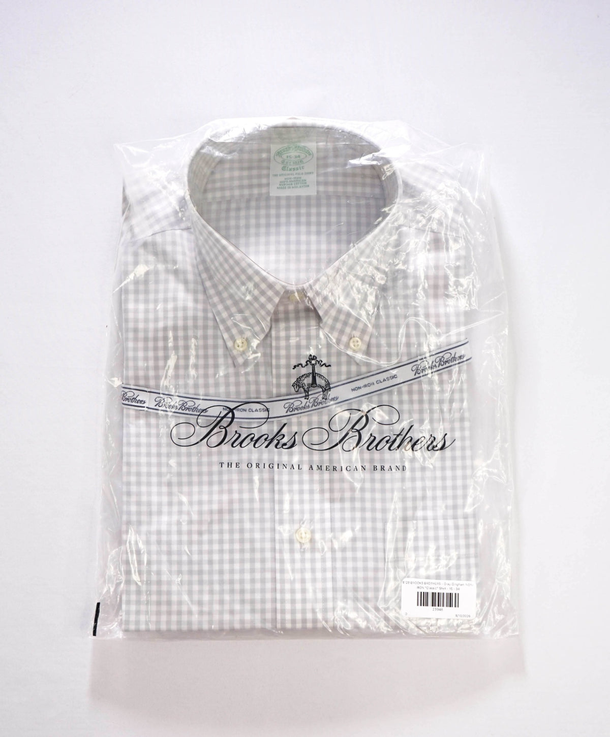 $128 BROOKS BROTHERS - Gray Gingham NON-IRON "Classic" Shirt - 15 - 34