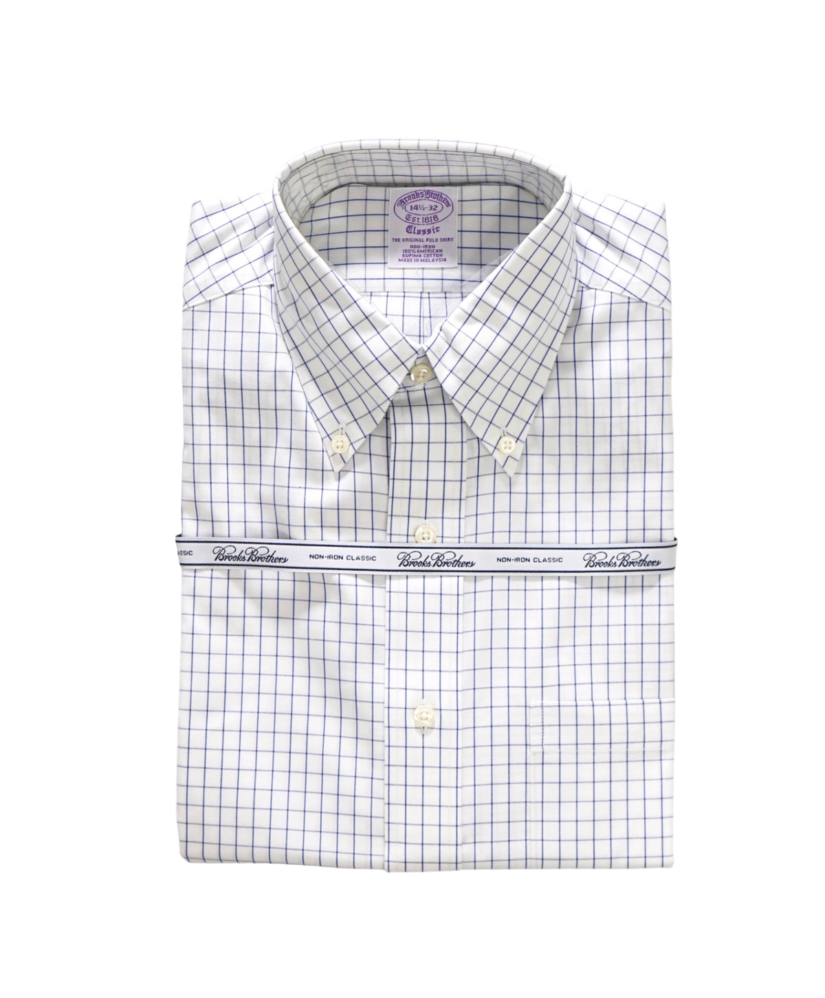 $128 BROOKS BROTHERS - Blue Check NON-IRON "Classic" Shirt - 14.5 - 32