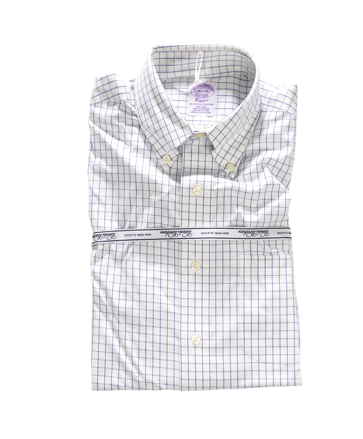 $128 BROOKS BROTHERS - Blue Check NON-IRON "Classic" Shirt - 14.5 - 34