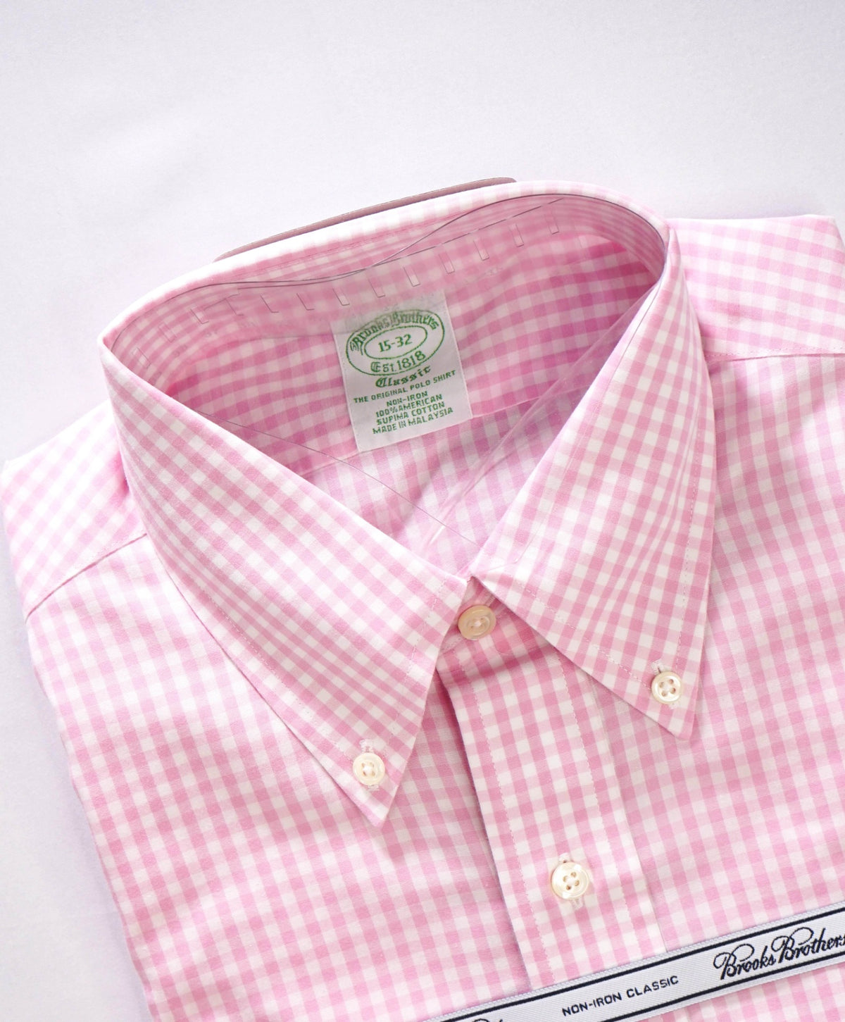 $128 BROOKS BROTHERS - Pink Gingham NON-IRON "Classic" Shirt - 15 - 32