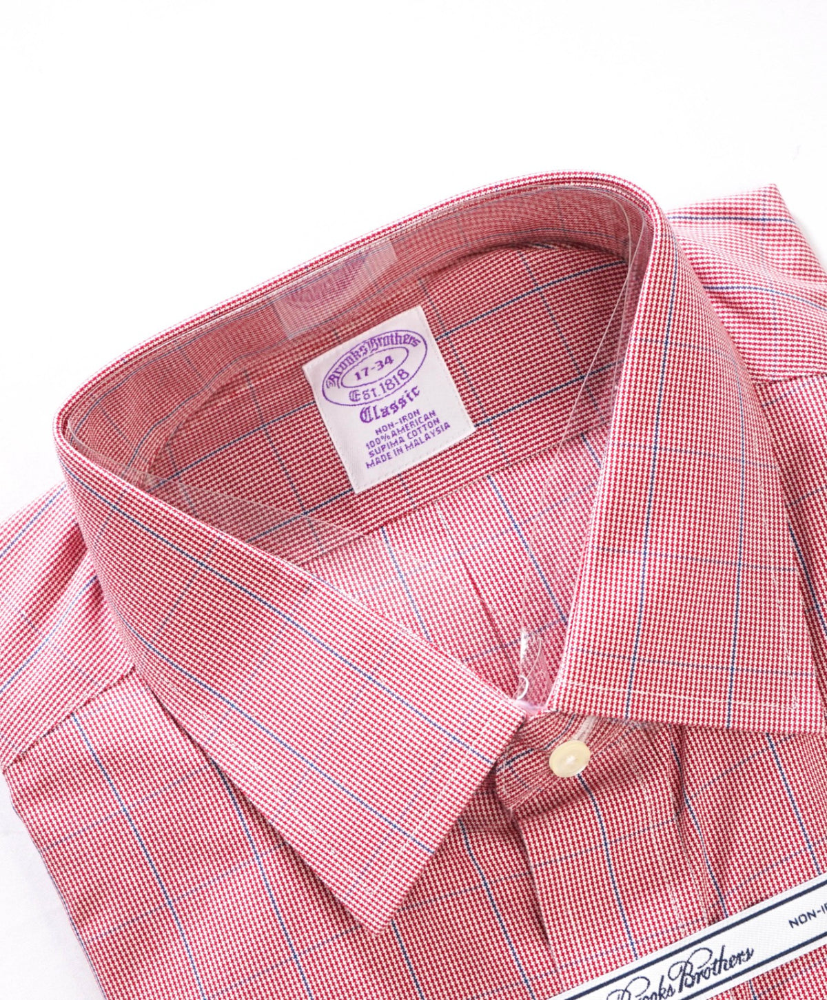 $128 BROOKS BROTHERS - Red Check NON-IRON "Classic" Shirt - 17 - 34