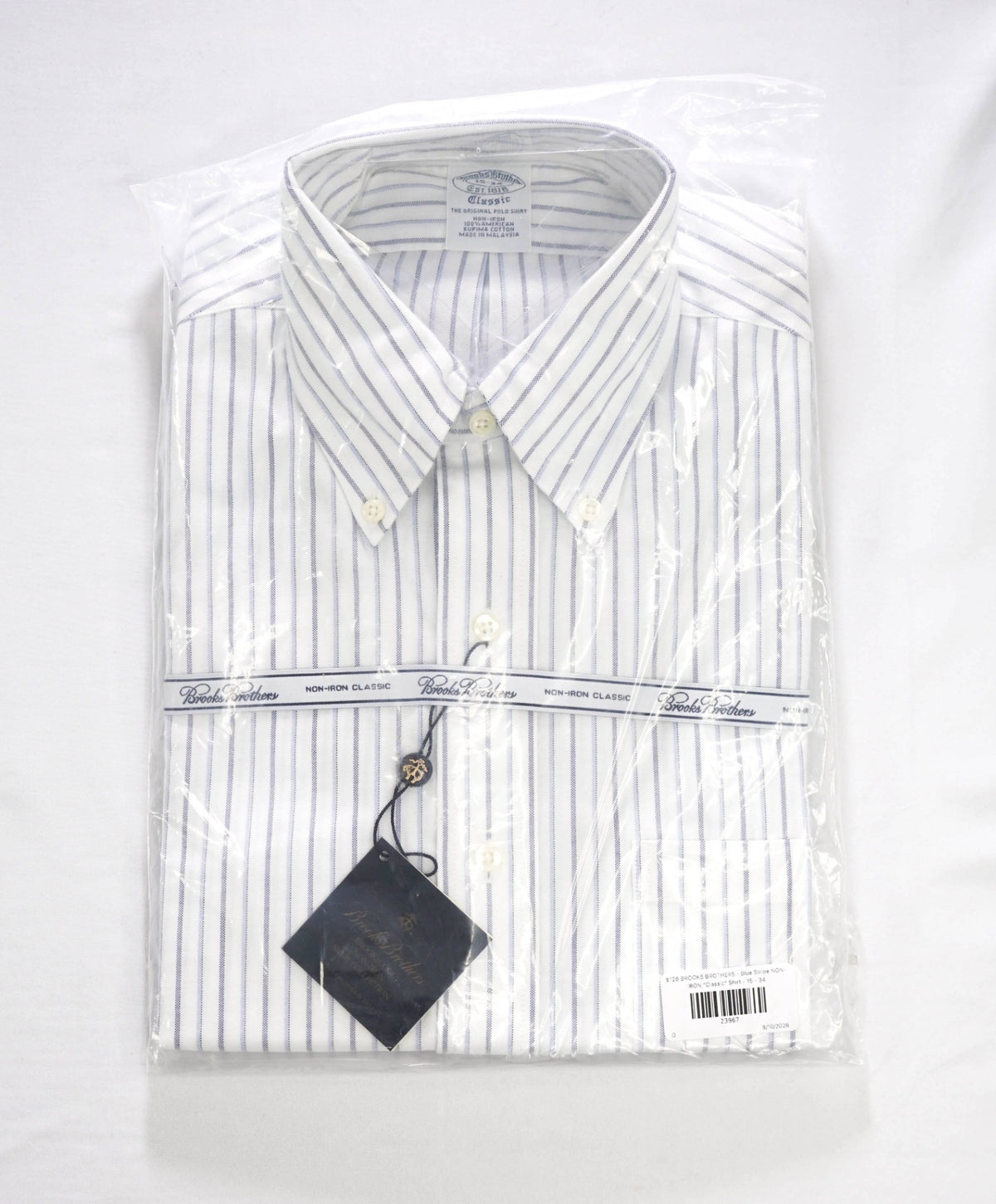 $128 BROOKS BROTHERS - Blue Stripe NON-IRON "Classic" Shirt - 15 - 34