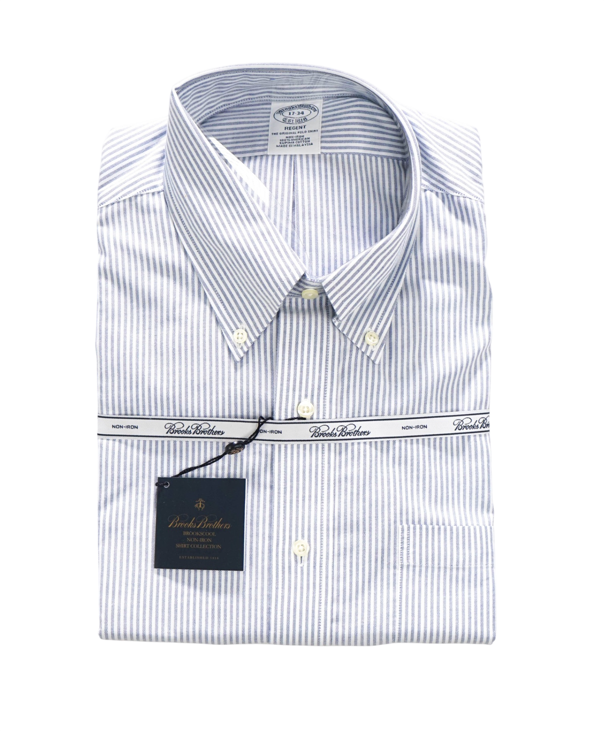 $128 BROOKS BROTHERS - Blue Stripe Non-Iron "REGENT" Shirt - 17 - 34