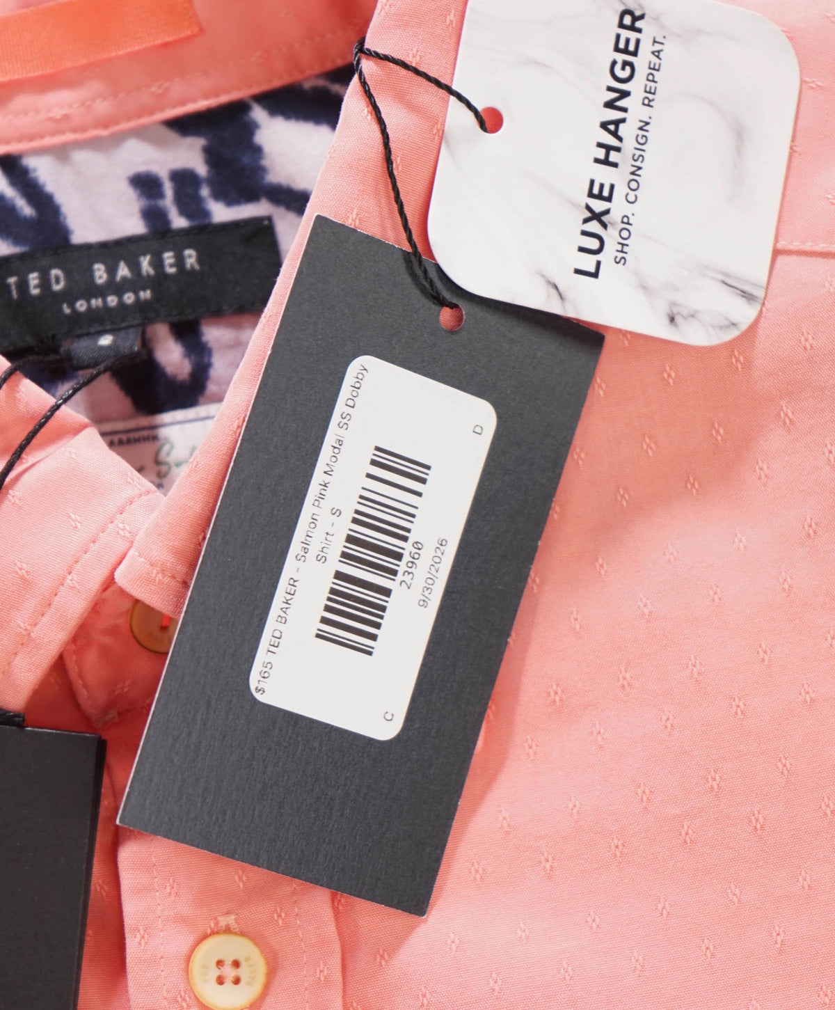 $165 TED BAKER - Salmon Pink Modal SS Dobby Shirt - S