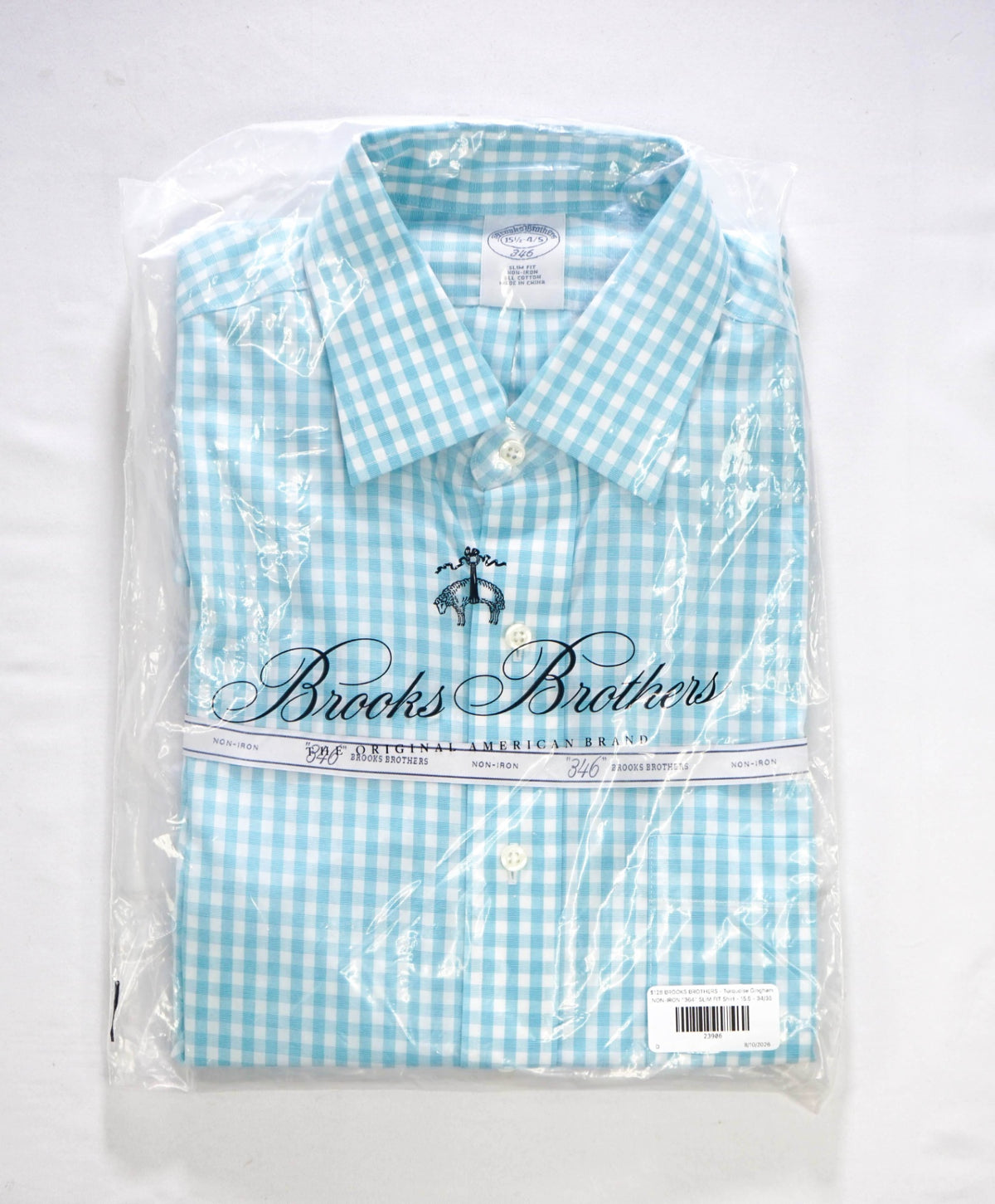 $128 BROOKS BROTHERS - Turquoise Gingham NON-IRON "364" SLIM FIT Shirt - 15.5 - 34/35