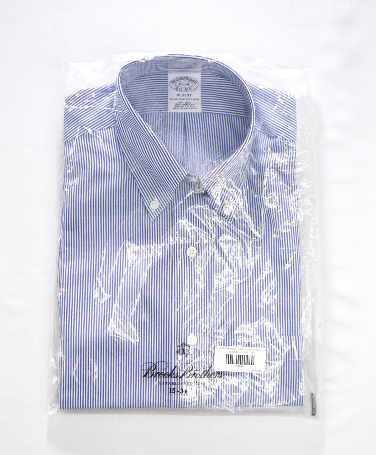$128 BROOKS BROTHERS - Blue Stripe Non-Iron "REGENT" Shirt - 15 - 34