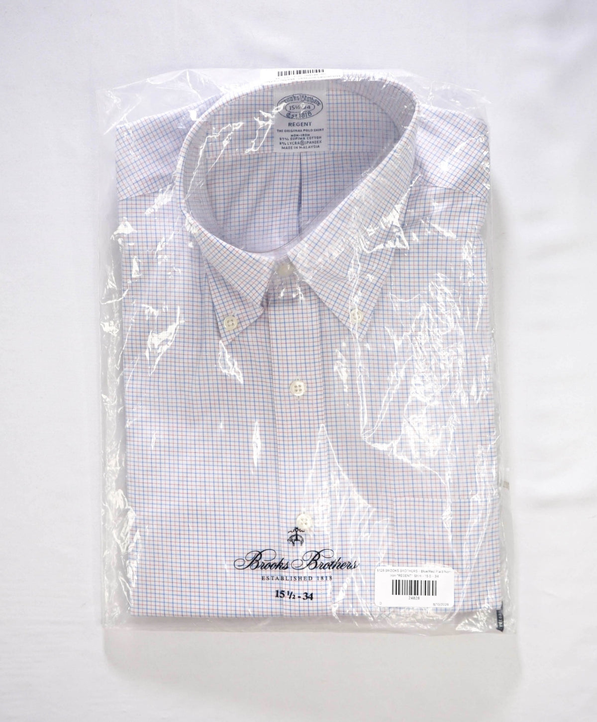 $128 BROOKS BROTHERS - Blue/Red Micro Plaid Non-Iron "REGENT" Shirt - 15.5 - 34
