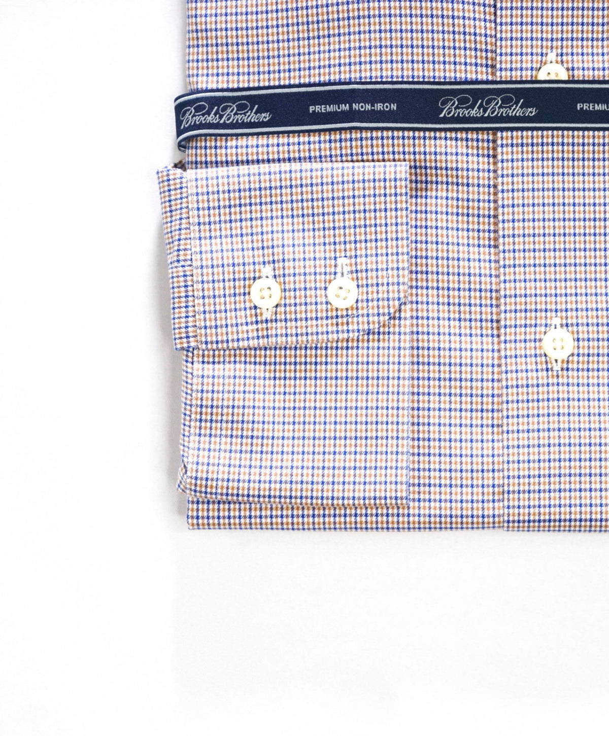 $128 BROOKS BROTHERS - Brown/Blue Micro Plaid Non-Iron "REGENT" Shirt - 15.5 - 34