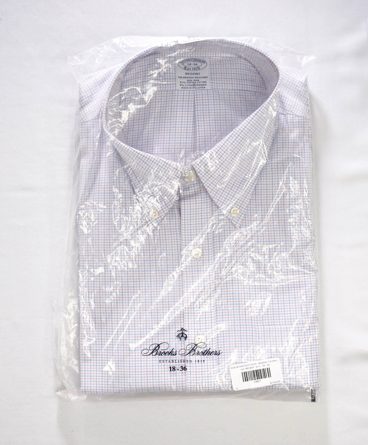 $128 BROOKS BROTHERS - Blue/Red Plaid Non-Iron "REGENT" Shirt - 18 - 36