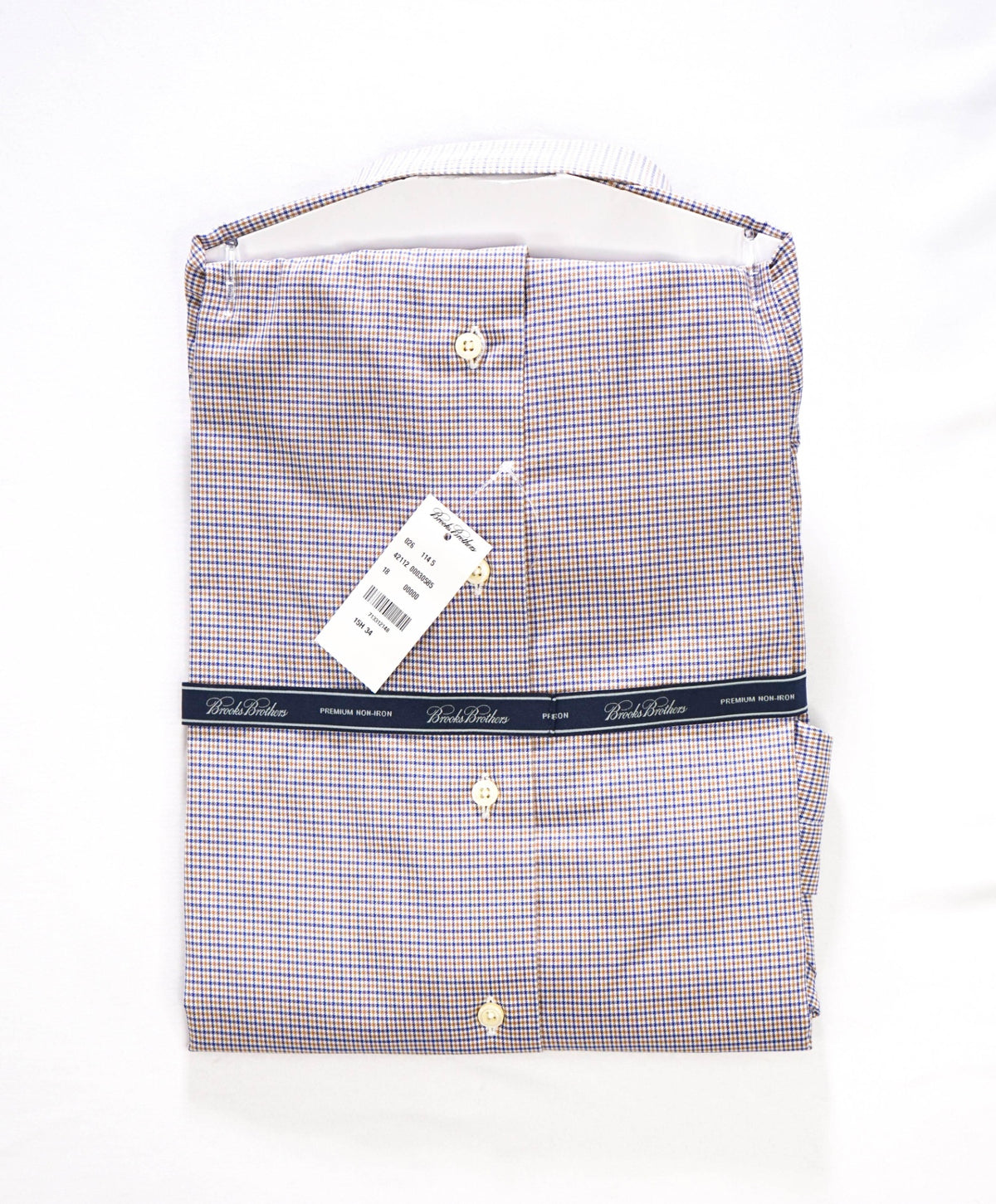 $128 BROOKS BROTHERS - Brown/Blue Micro Plaid Non-Iron "REGENT" Shirt - 15.5 - 34