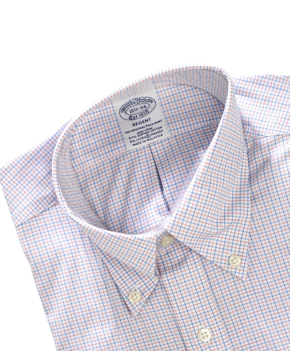 $128 BROOKS BROTHERS - Blue/Red Micro Plaid Non-Iron "REGENT" Shirt - 15.5 - 34