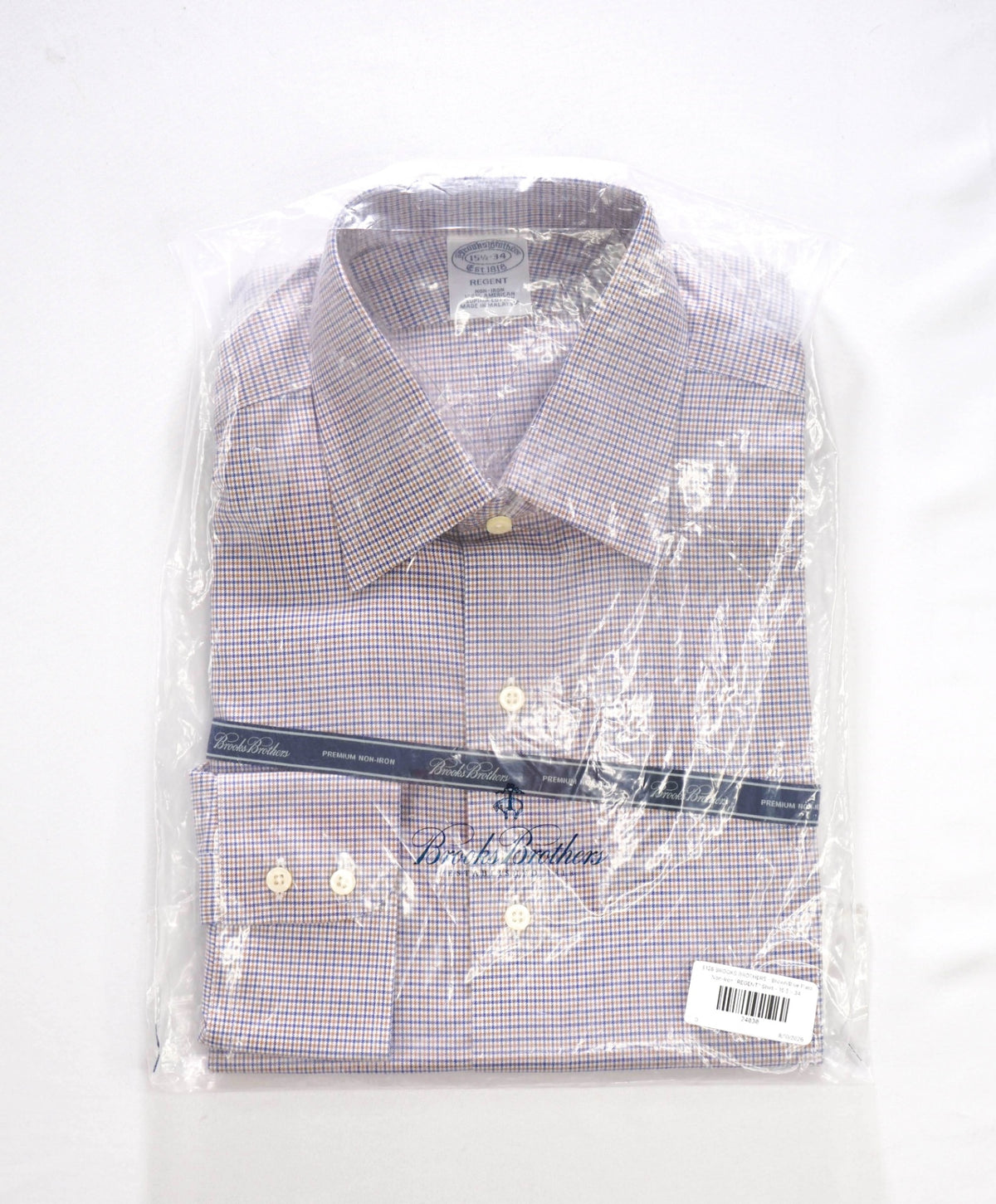 $128 BROOKS BROTHERS - Brown/Blue Micro Plaid Non-Iron "REGENT" Shirt - 15.5 - 34
