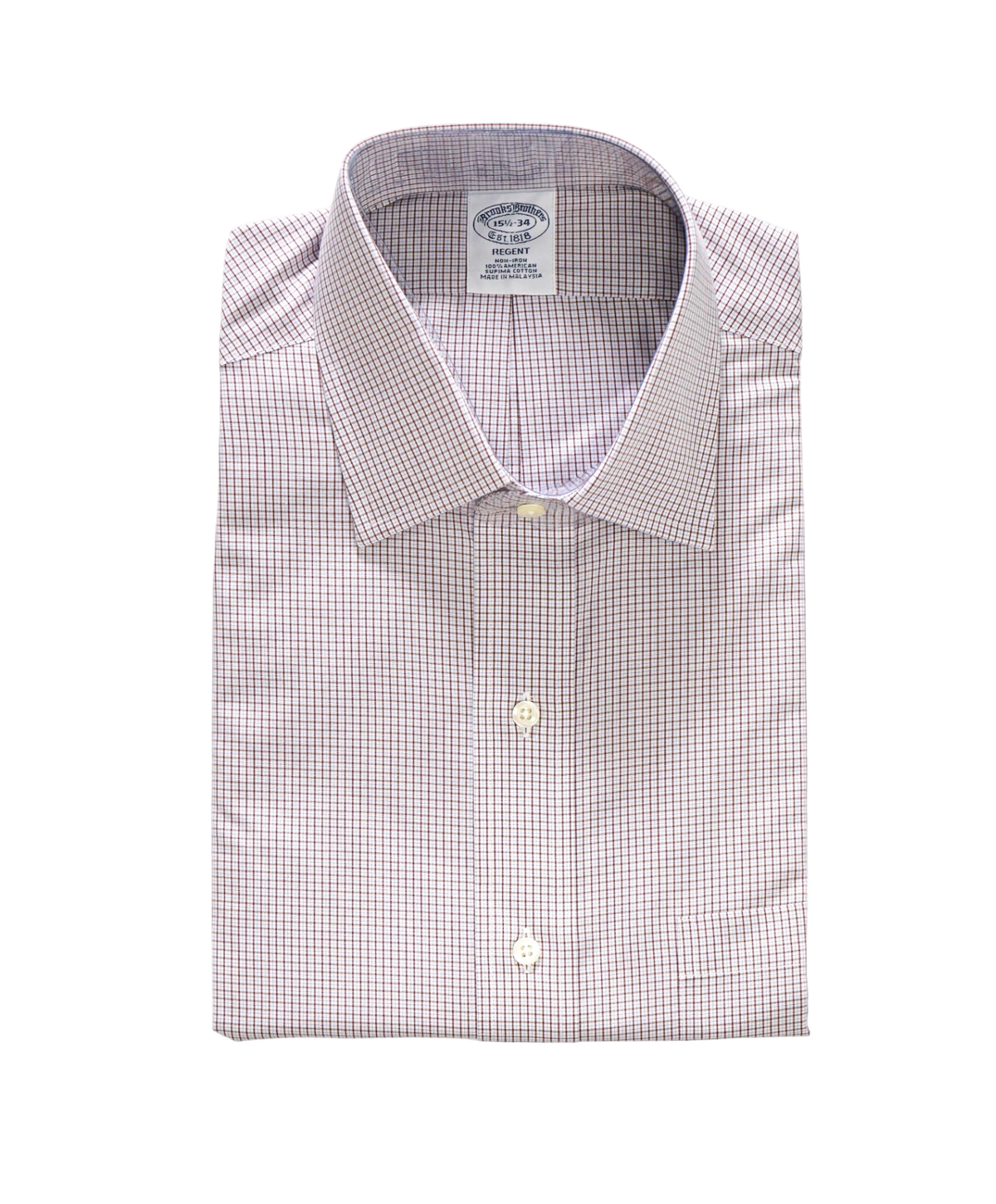 $128 BROOKS BROTHERS - Brown/Blue Micro Plaid Non-Iron "REGENT" Shirt - 15.5 - 34