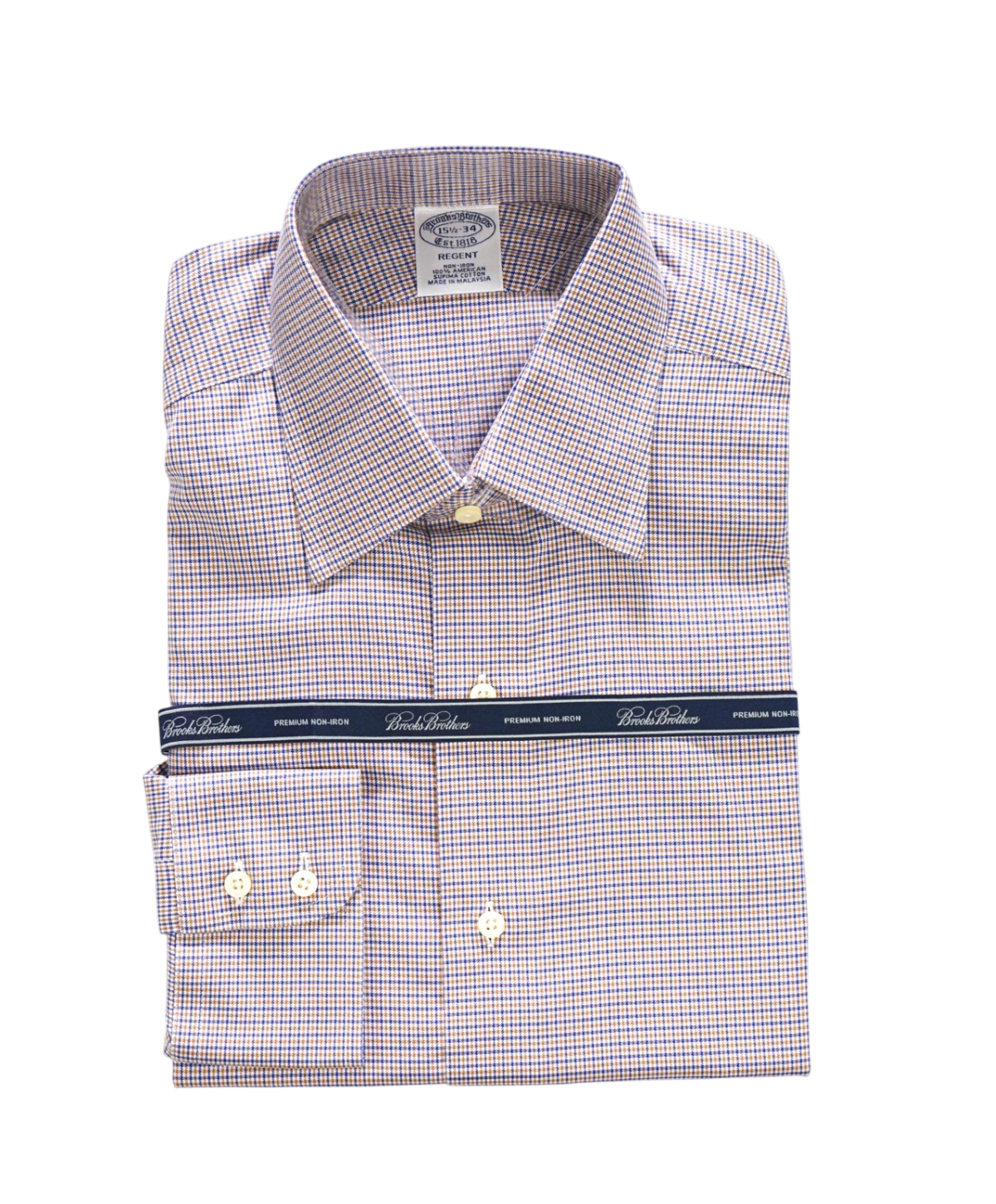 $128 BROOKS BROTHERS - Brown/Blue Micro Plaid Non-Iron "REGENT" Shirt - 15.5 - 34