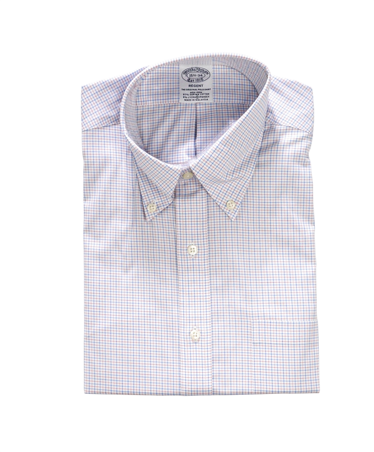 $128 BROOKS BROTHERS - Blue/Red Micro Plaid Non-Iron "REGENT" Shirt - 15.5 - 34