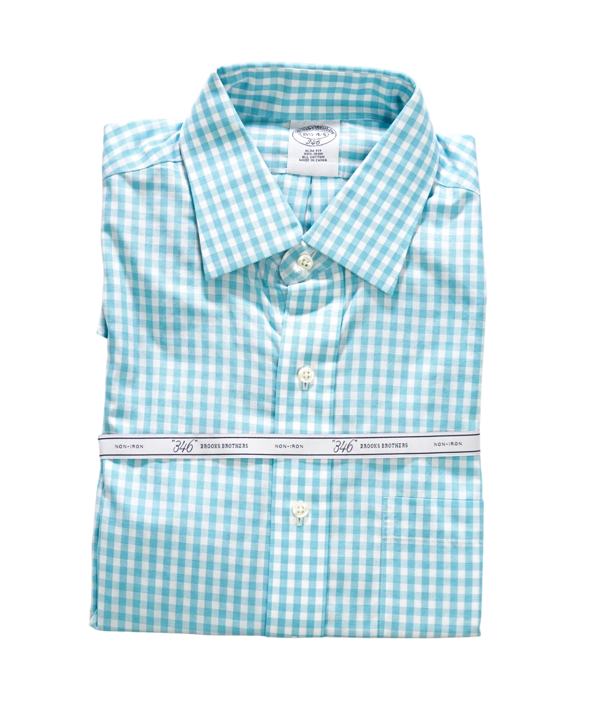 $128 BROOKS BROTHERS - Turquoise Gingham NON-IRON "364" SLIM FIT Shirt - 15.5 - 34/35
