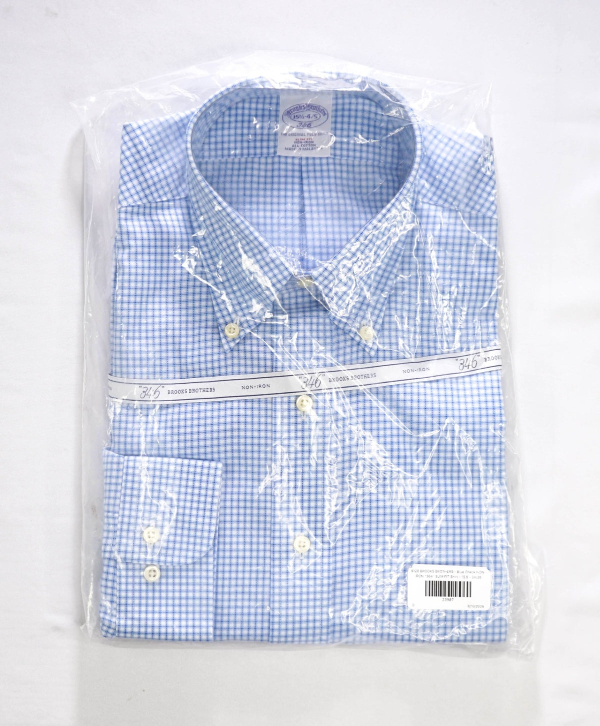 $128 BROOKS BROTHERS - Blue Check NON-IRON "364" SLIM FIT Shirt - 15.5 - 34/35