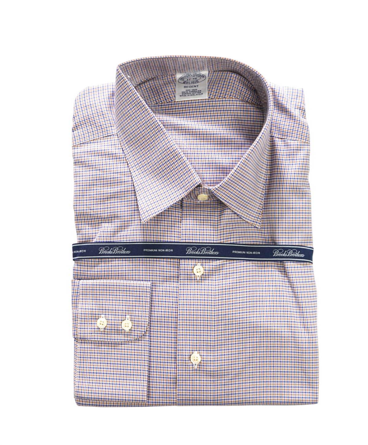 $128 BROOKS BROTHERS - Brown/Blue Micro Plaid Non-Iron "REGENT" Shirt - 17 - 36