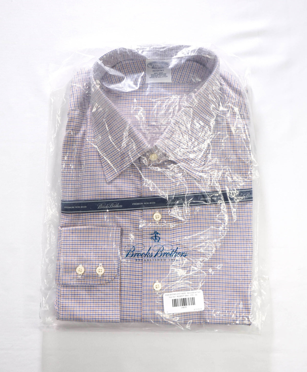 $128 BROOKS BROTHERS - Brown/Blue Micro Plaid Non-Iron "REGENT" Shirt - 17.5 - 36