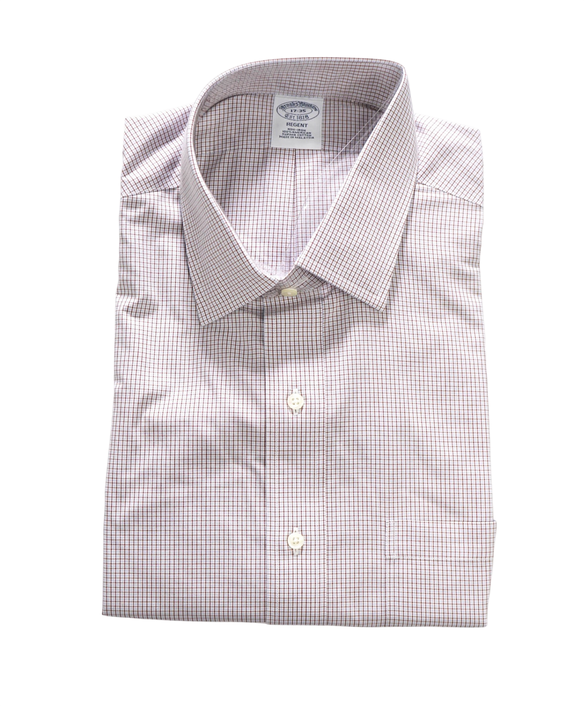 $128 BROOKS BROTHERS - Brown/Blue Micro Plaid Non-Iron "REGENT" Shirt - 17 - 35