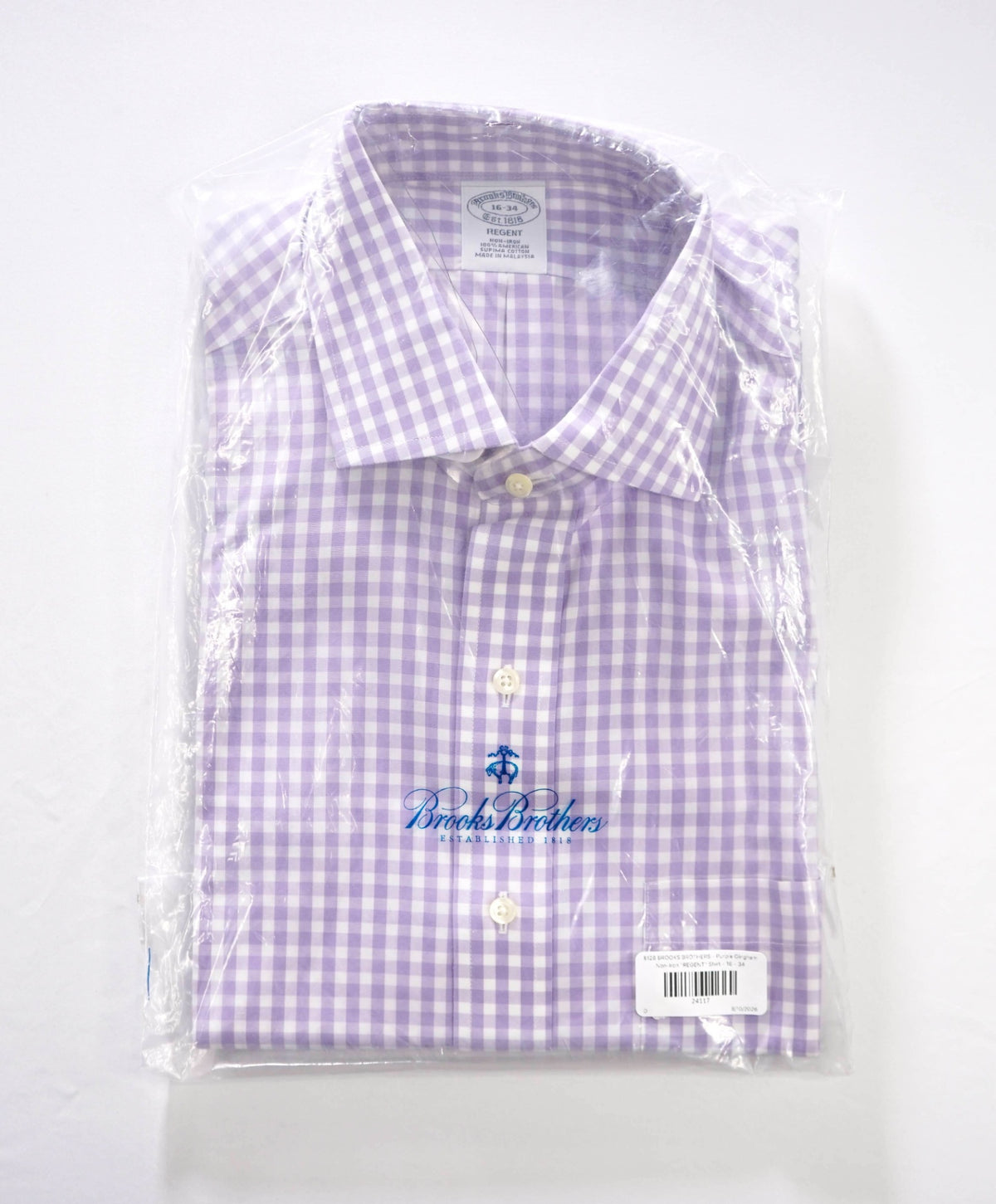 $128 BROOKS BROTHERS - Purple Gingham Non-Iron "REGENT" Shirt - 16 - 34