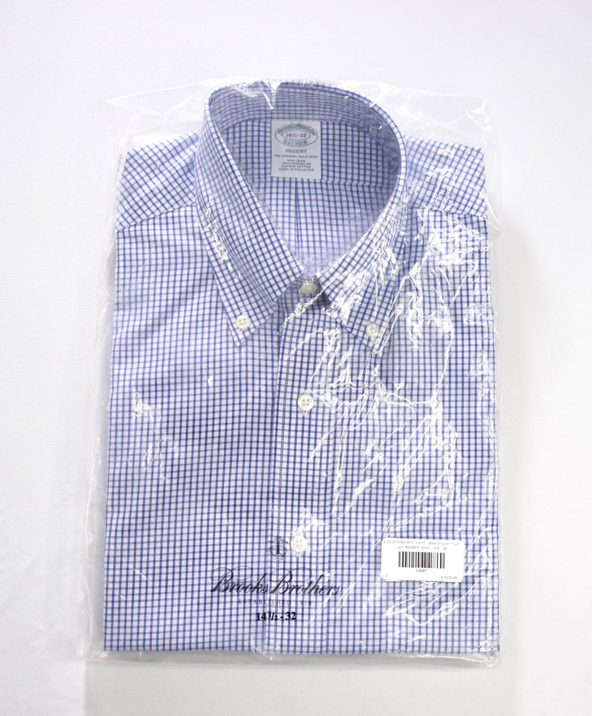 $128 BROOKS BROTHERS - Blue Gingham Non-Iron "REGENT" Shirt - 14.5 - 32
