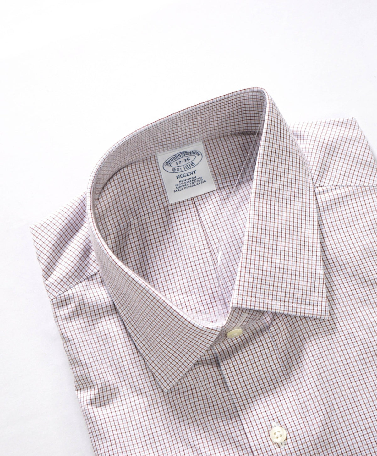 $128 BROOKS BROTHERS - Brown/Blue Micro Plaid Non-Iron "REGENT" Shirt - 17 - 35