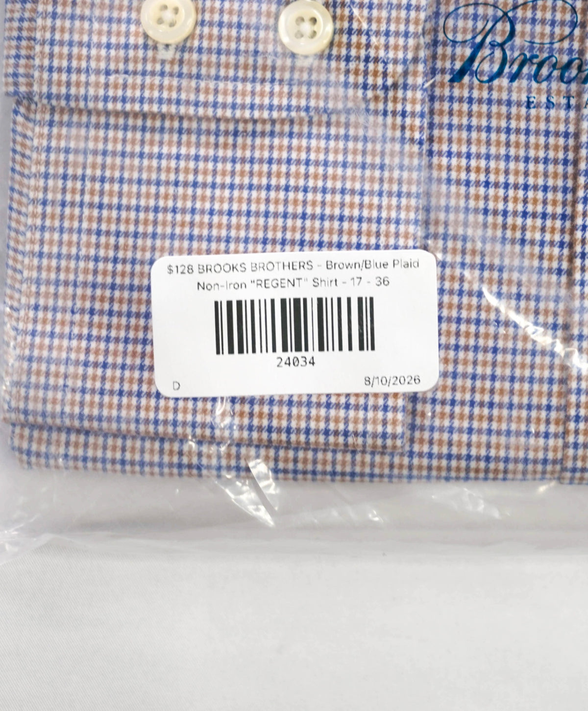 $128 BROOKS BROTHERS - Brown/Blue Micro Plaid Non-Iron "REGENT" Shirt - 17 - 36