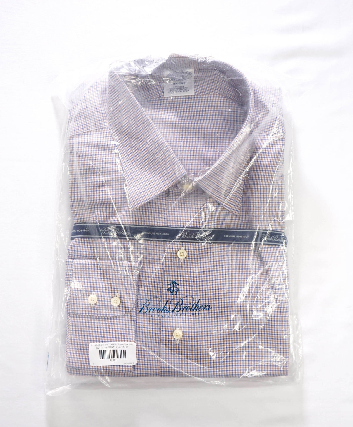 $128 BROOKS BROTHERS - Brown/Blue Micro Plaid Non-Iron "REGENT" Shirt - 17 - 36