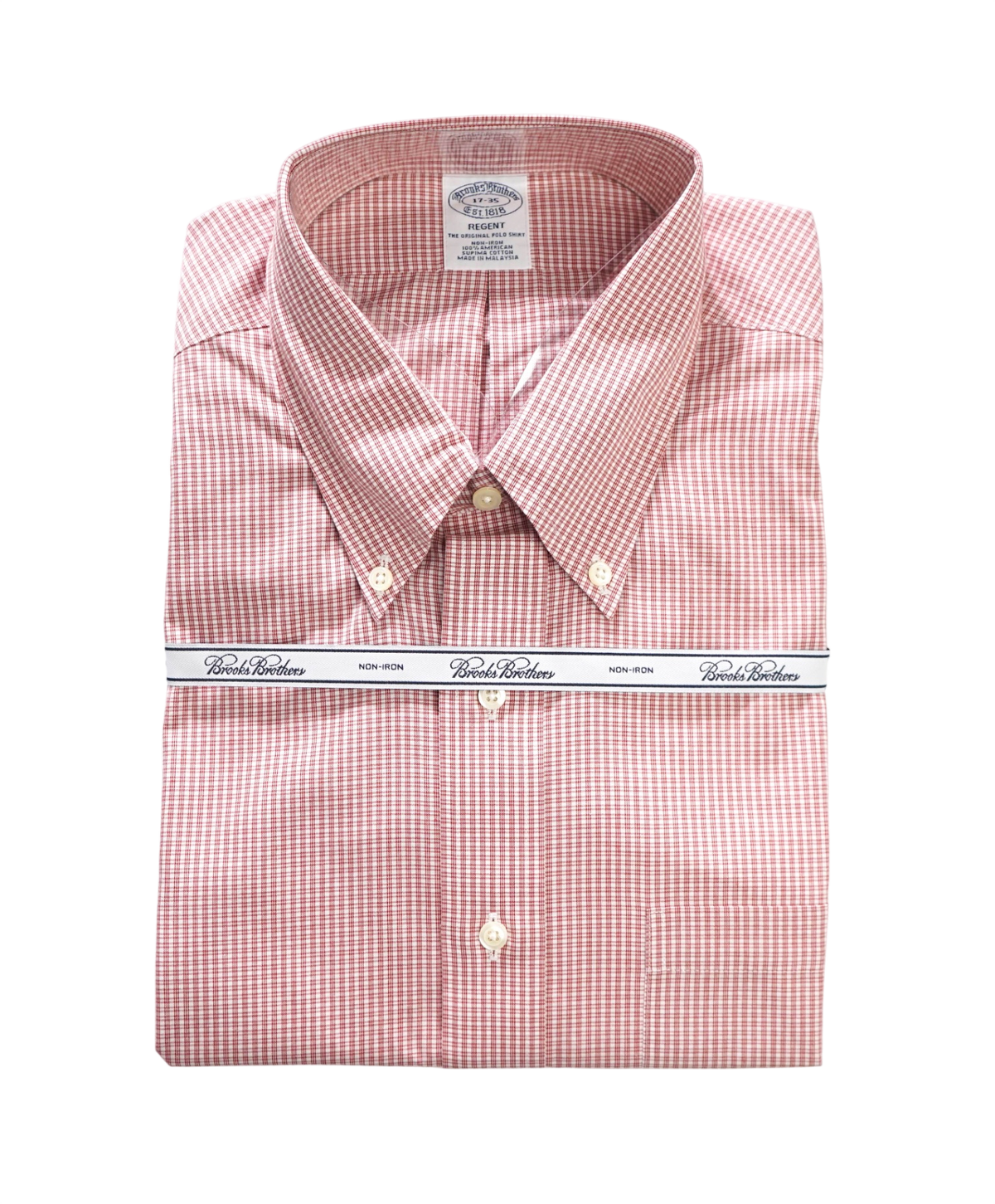 $128 BROOKS BROTHERS - Red Micro Plaid Non-Iron "REGENT" Shirt - 17 - 35