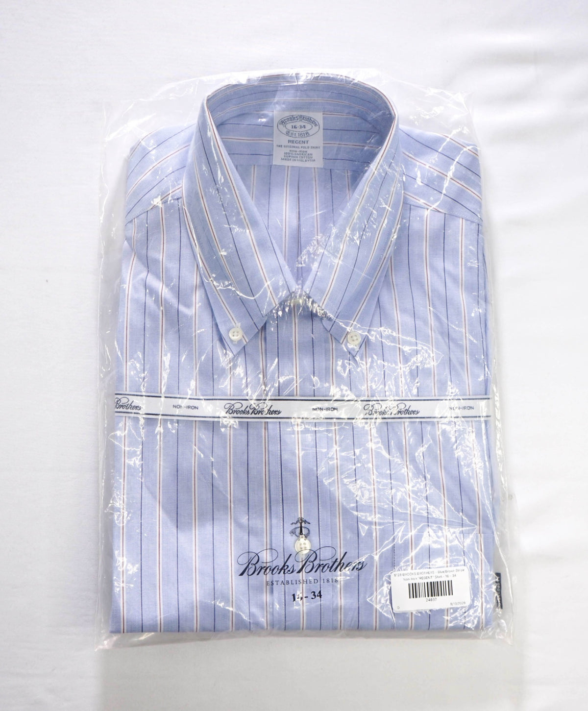 $128 BROOKS BROTHERS - Blue/Brown Stripe Non-Iron "REGENT" Shirt - 16 - 34