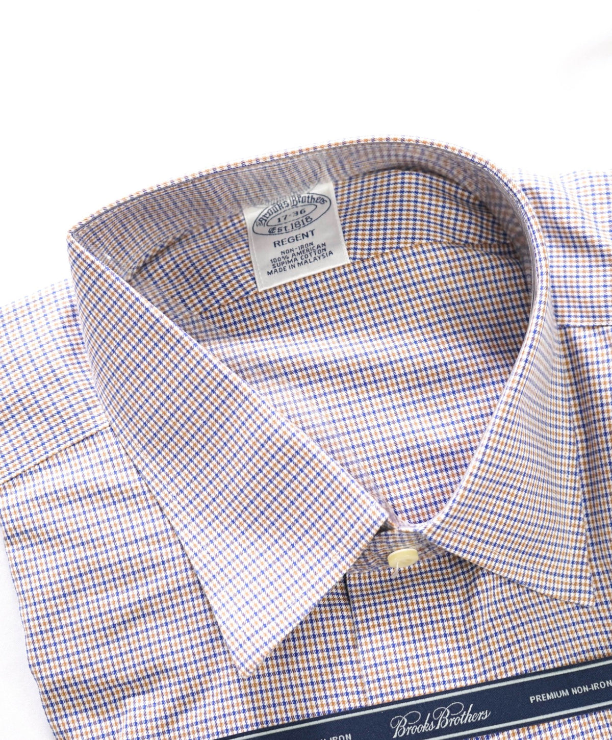 $128 BROOKS BROTHERS - Brown/Blue Micro Plaid Non-Iron "REGENT" Shirt - 17 - 36