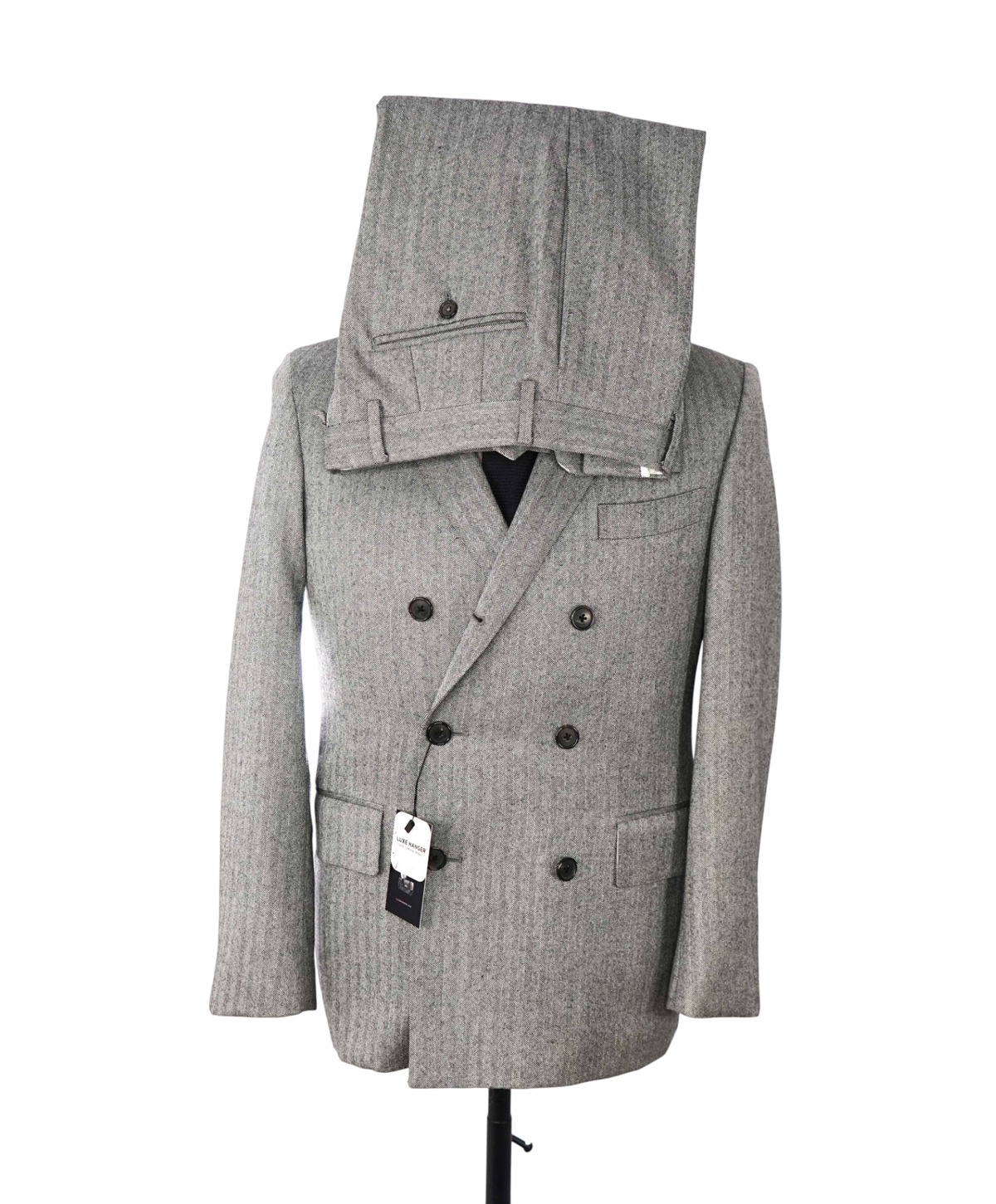 BLACK FLEECE - Gray Herringbone Double Breasted Suit- 36 US