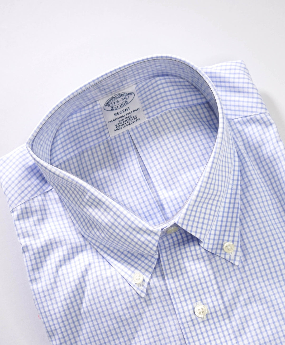 $128 BROOKS BROTHERS - Blue Gingham Non-Iron "REGENT" Shirt - 17.5 - 34