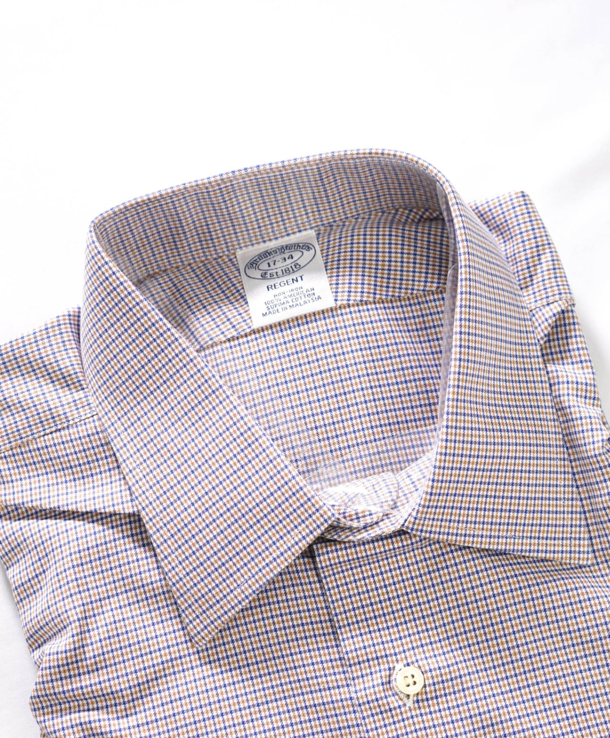 $128 BROOKS BROTHERS - Brown/Blue Micro Plaid Non-Iron "REGENT" Shirt - 17 - 34
