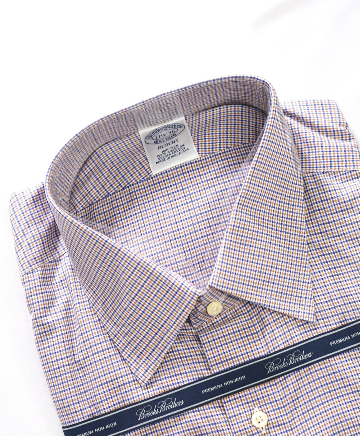 $128 BROOKS BROTHERS - Brown/Blue Micro Plaid Non-Iron "REGENT" Shirt - 17.5 - 36