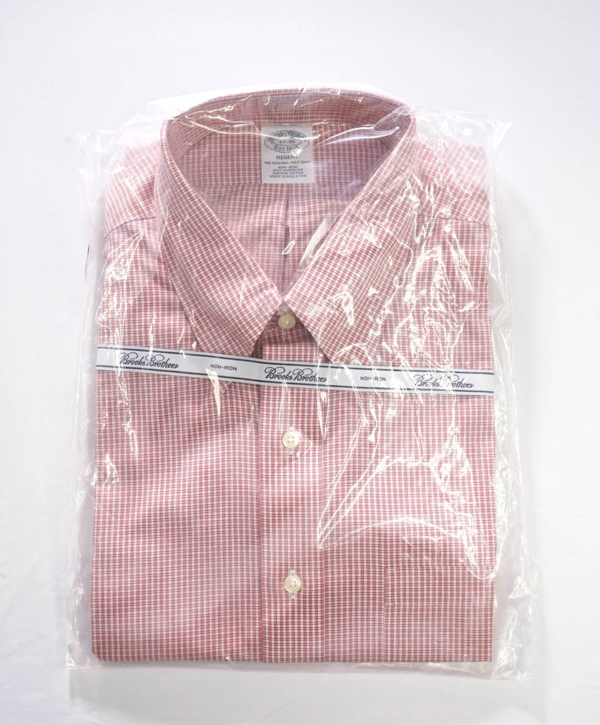 $128 BROOKS BROTHERS - Red Micro Plaid Non-Iron "REGENT" Shirt - 17 - 35