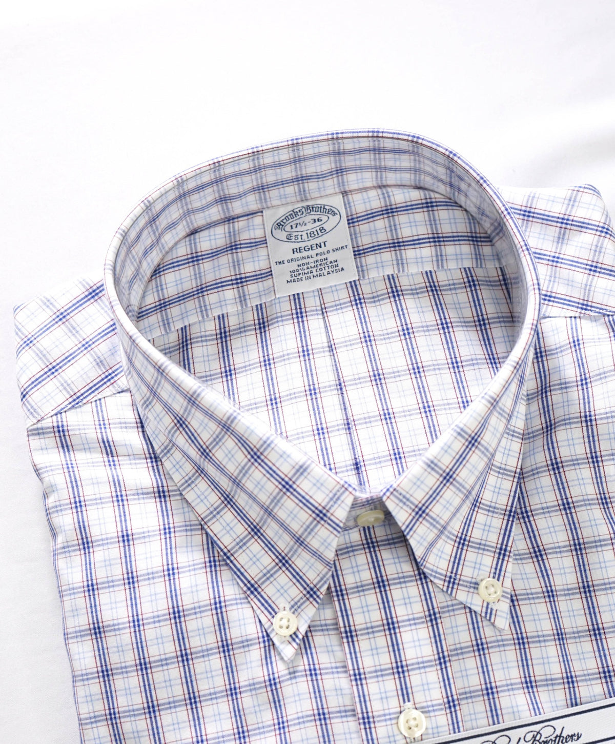 $128 BROOKS BROTHERS - Blue/Brown Plaid Non-Iron "REGENT" Shirt - 17.5 - 36