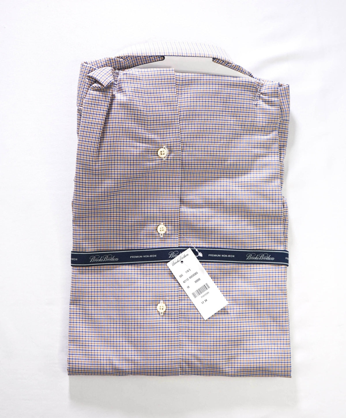 $128 BROOKS BROTHERS - Brown/Blue Micro Plaid Non-Iron "REGENT" Shirt - 17 - 34