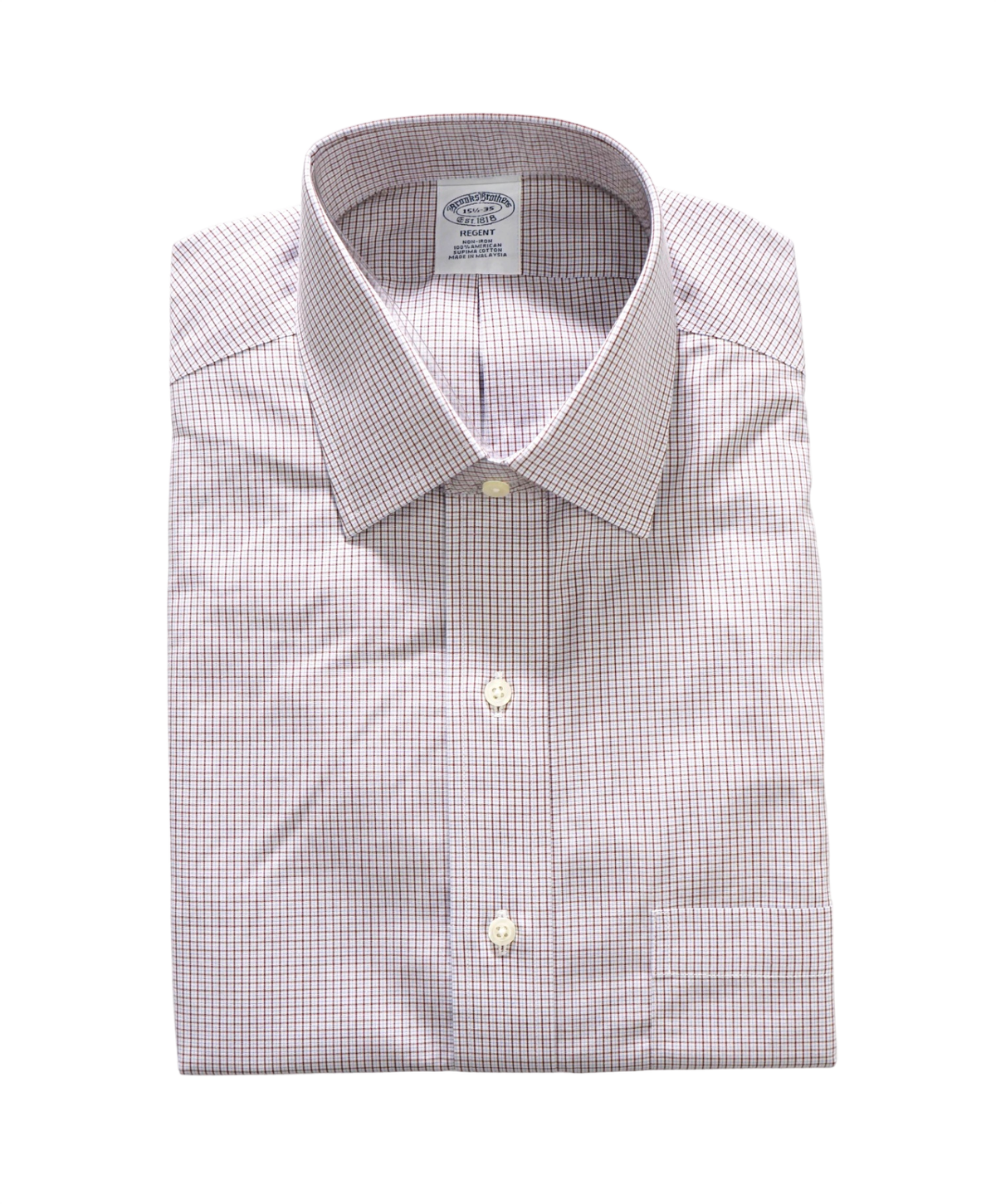 $128 BROOKS BROTHERS - Brown/Blue Micro Plaid Non-Iron "REGENT" Shirt - 15.5 - 35